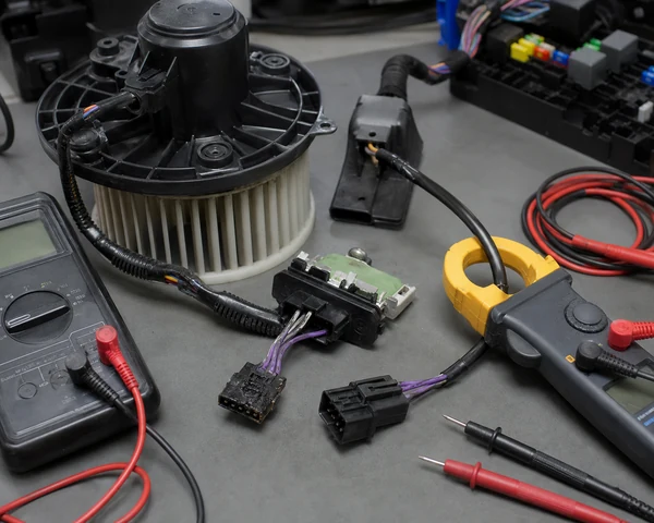 抵抗モジュールコネクタと診断メーターを備えたブロワーモーター電流引き込みテストセットアップ