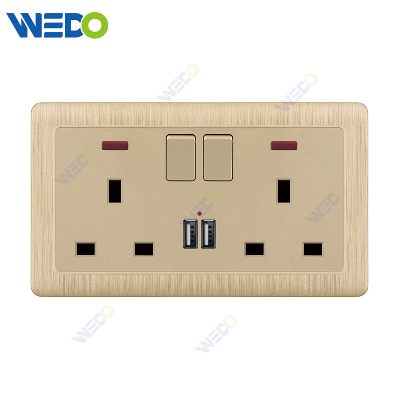 C20 86mm*86mm Home Switch White/silver/gold DOUBLE 13A SWITCHED SOCKET WITH NEON WITH 2USB Light Electric Wall Switch PC Cover with IEC Certificate
