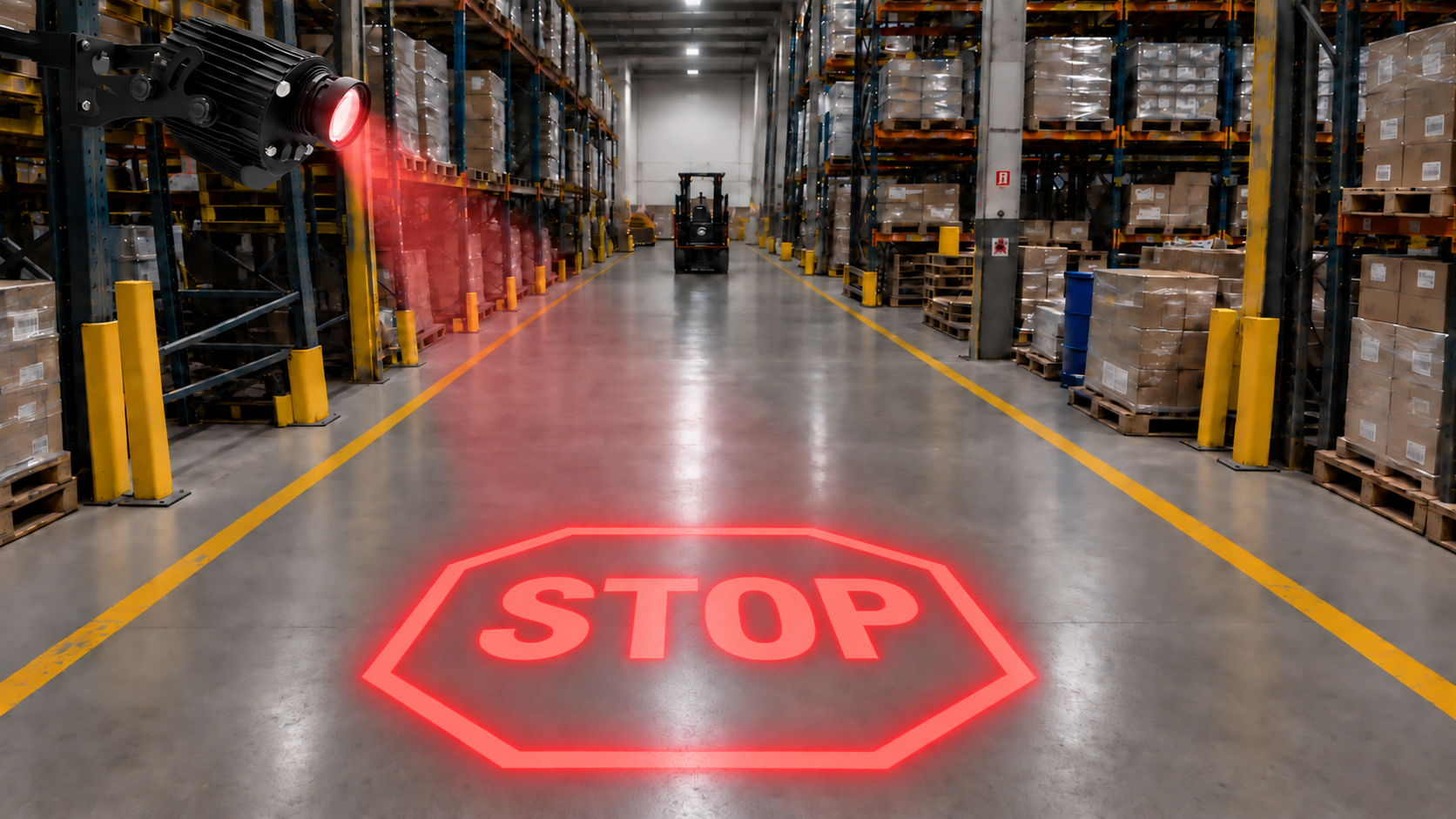 Яркая проекция гобо STOP LED на чистом полу склада