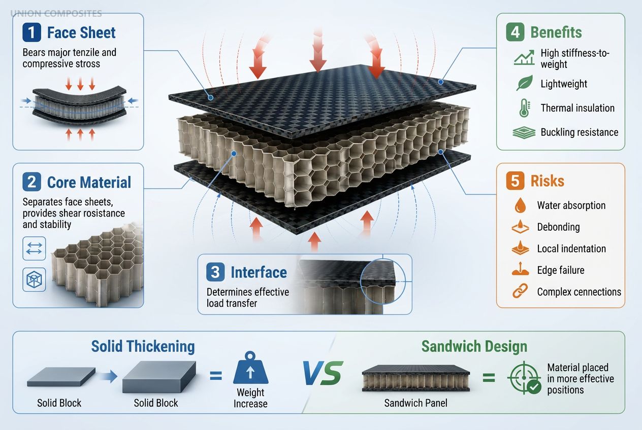 Sch&eacute;ma d'une structure de panneau sandwich composite montrant la face panneau , le mat&eacute;riau du noyau, l'interface et une comparaison entre l'&eacute;paississement solide et la conception en sandwich