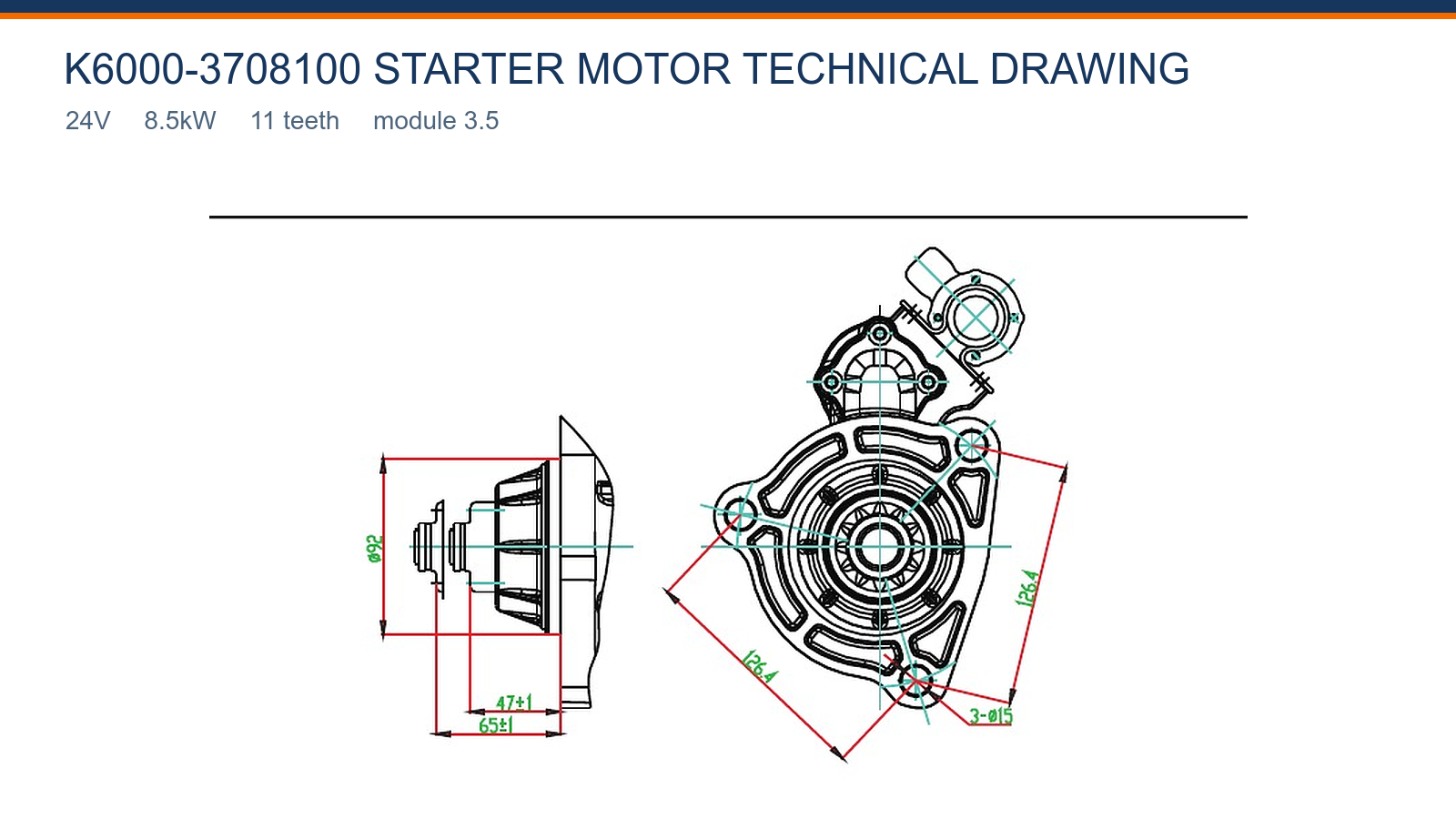 K6000-3708100 Yuchai ind&iacute;t&oacute;motor műszaki rajz 24V 8,5kW 11T