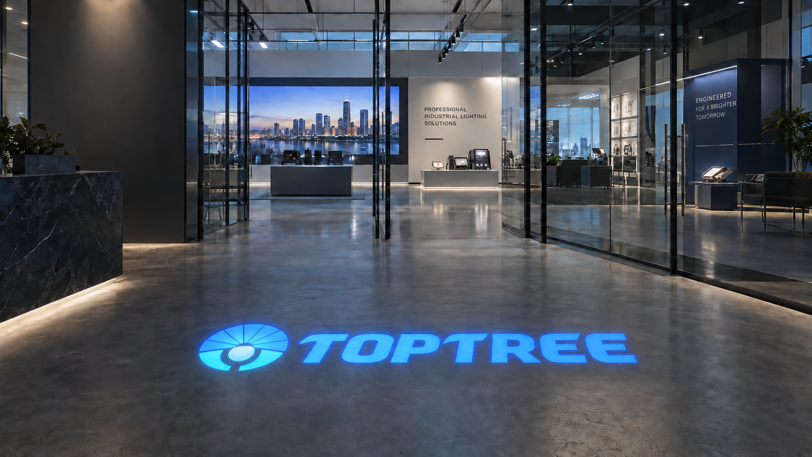 Проекция бренда TOPTREE у входа в выставочный зал компании