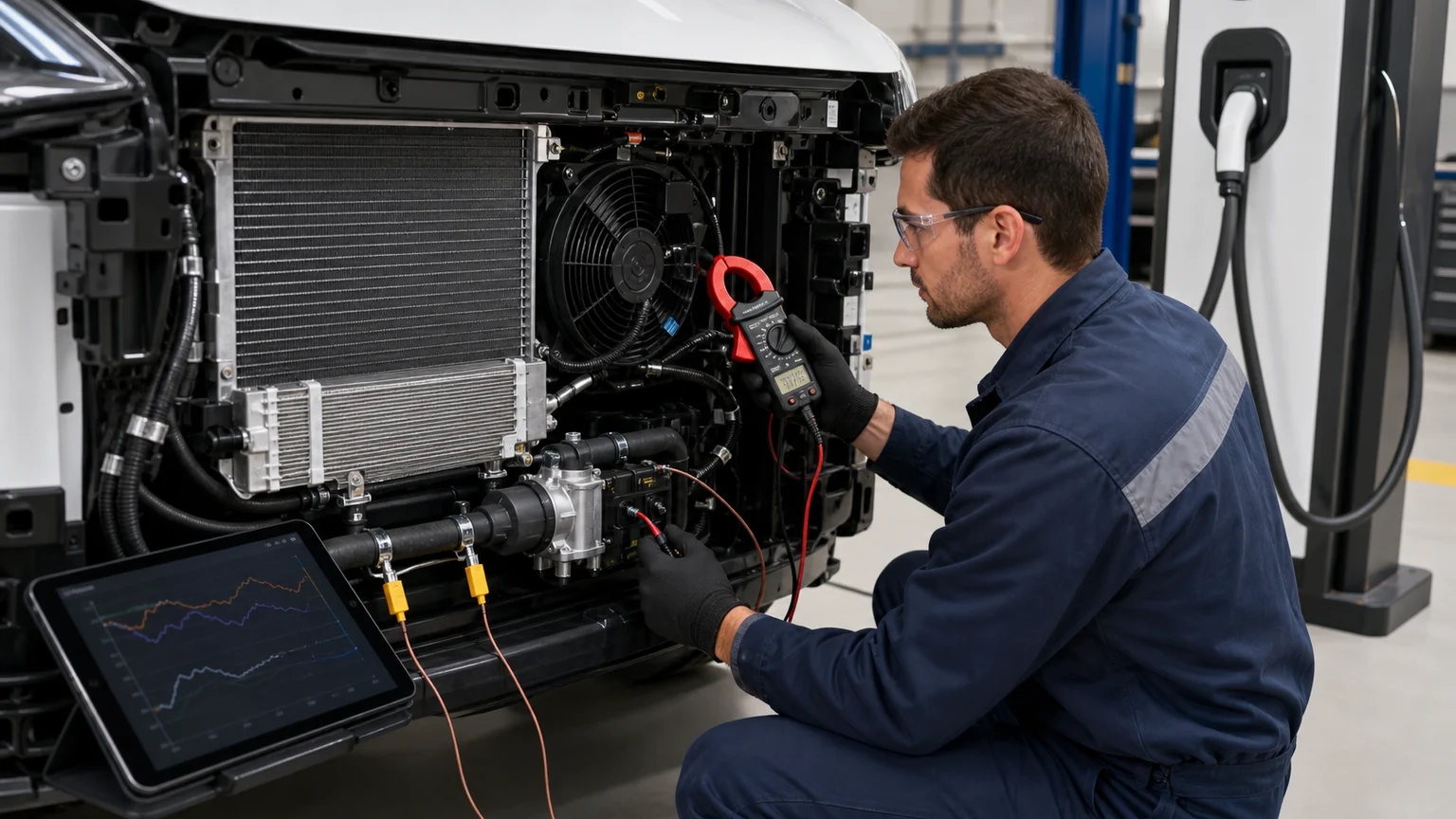 Technicus die de druk, temperatuur en stroom van het EV-koelsysteem meet tijdens snelladen