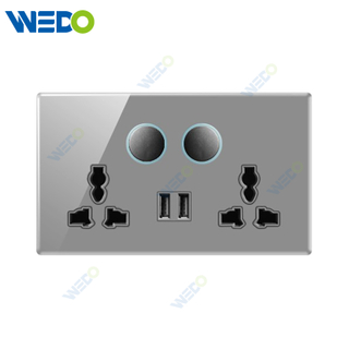 S6 Series Double 13A MF Switched Socket with LED Light Ring+2USB 250V Light Electric Wall Switch Socket Tempered Glass Material Modern Sockets