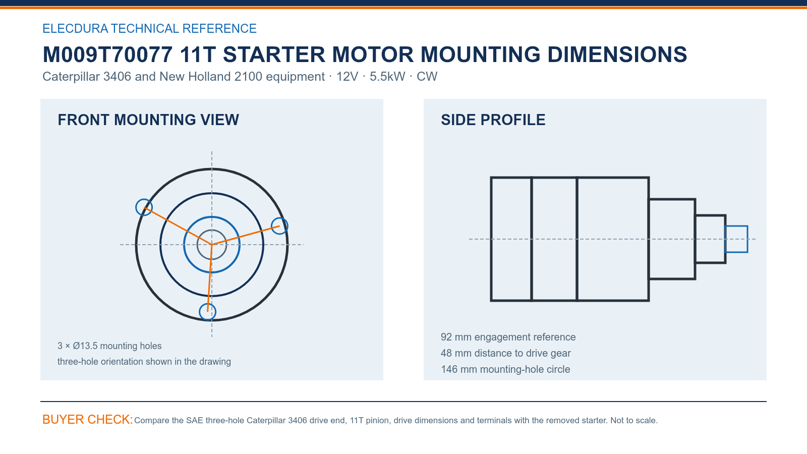 M009T70077 Dimens&otilde;es de montagem do starter Caterpillar 3406 12V 5,5kW 11T