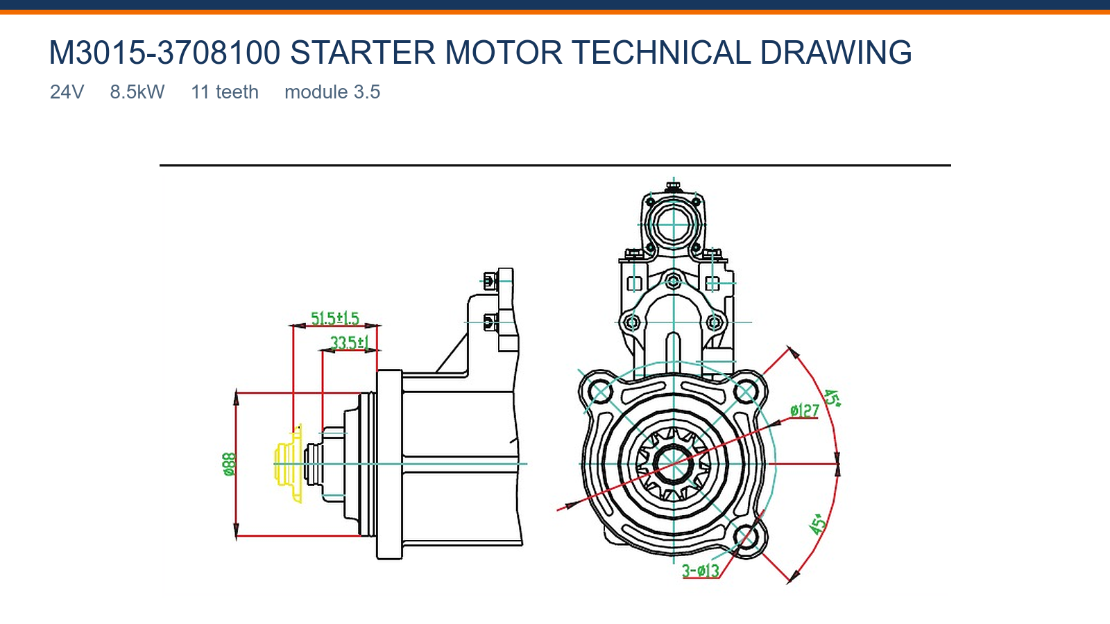 M3015-3708100 Desenho t&eacute;cnico do motor de partida Yuchai 24V 8,5 kW 11T