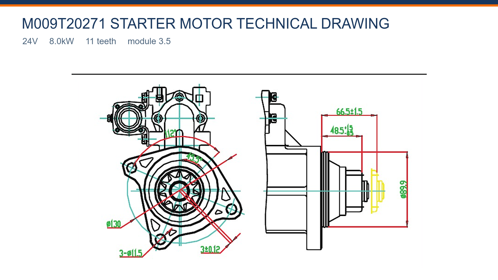 M009T20271 Disegno tecnico motorino avviamento Heavy Duty 24V 8,0kW 11T