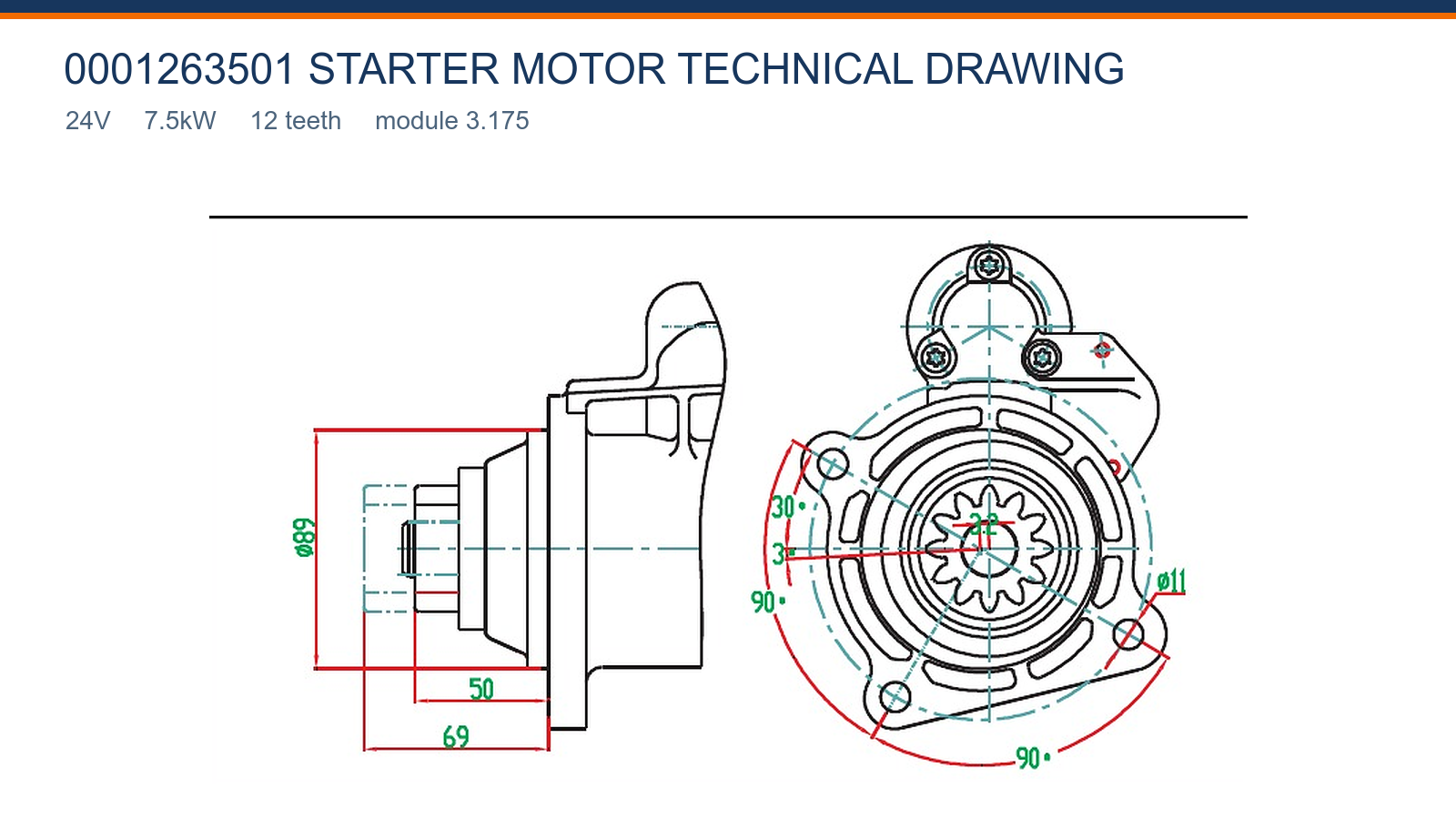 0001263501 Gambar teknis motor starter Shangqi 24V 7.5kW 12T