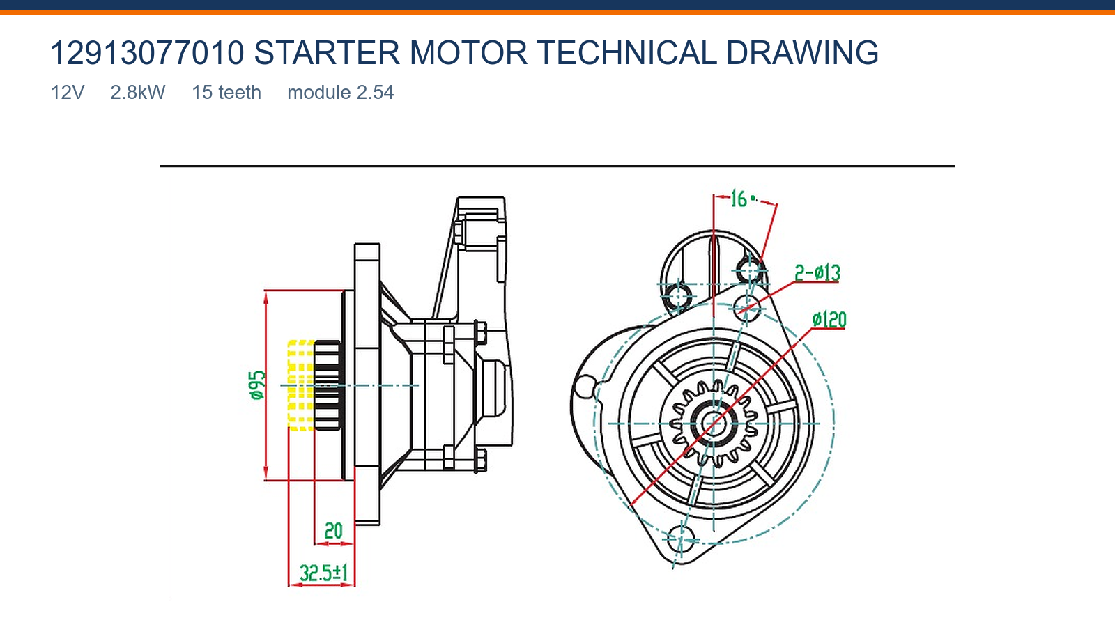 12913077010 Dibujo t&eacute;cnico motor de arranque Yanmar 12V 2.8 kW 15T