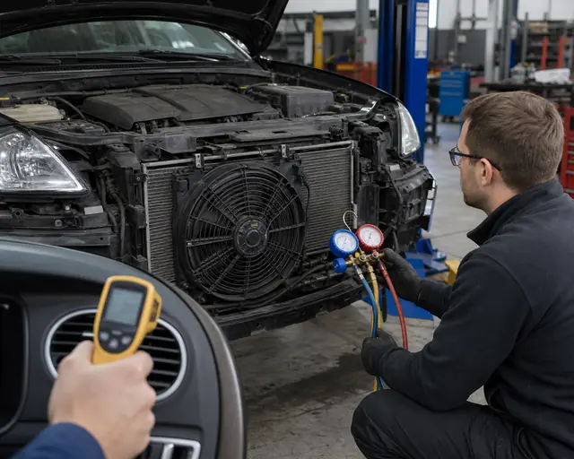 Techniker &uuml;berpr&uuml;ft den Kondensatorluftstrom und den Wechselstromdruck an einem Auto, das w&auml;hrend der Fahrt, aber nicht im Leerlauf k&uuml;hlt
