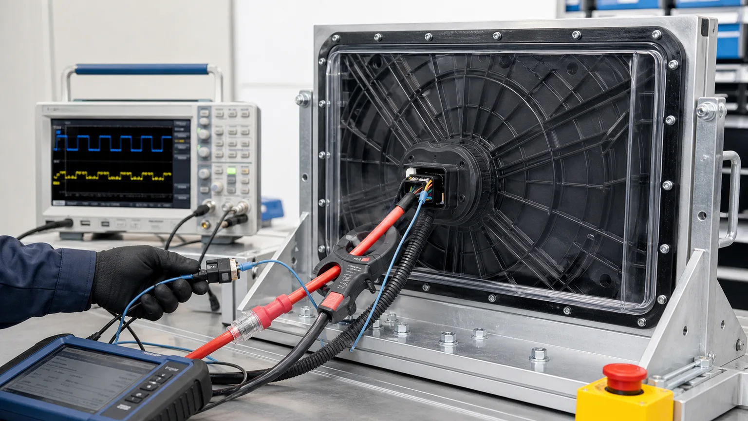 Stoln&iacute; test hl&iacute;dan&eacute;ho bezkomut&aacute;torov&eacute;ho ventil&aacute;toru chladiče s proudovou svorkou a osciloskopem připojen&yacute;m k n&iacute;zkoproudov&eacute;mu PWM nebo LIN př&iacute;kazov&eacute;mu obvodu