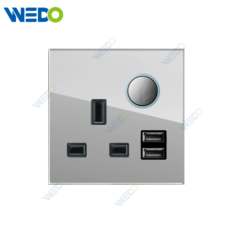 D90 Series 13A Switched Socket with LED Light Ring+2USB 250V Light Electric Wall Switch Socket Glass Plate+PC Bottom Material Modern Sockets