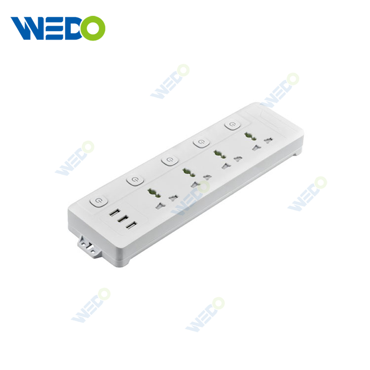 4 Way Universal Extension Wire Socket with 5 Button Control with 3USB
