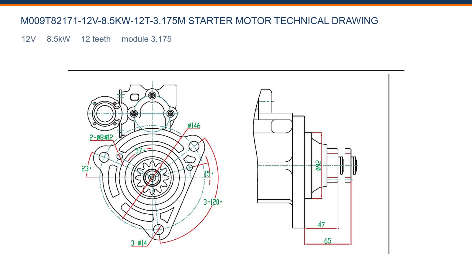 M009T82171-12V-8.5KW-12T-3.175M Dibujo t&eacute;cnico del motor de arranque Volvo 12V 8.5kW 12T