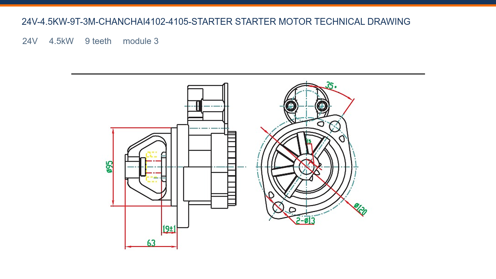 CHANCHAI 4102 24V 4.5kW 9T Dibujo t&eacute;cnico del motor de arranque Changchai 24V 4.5kW 9T