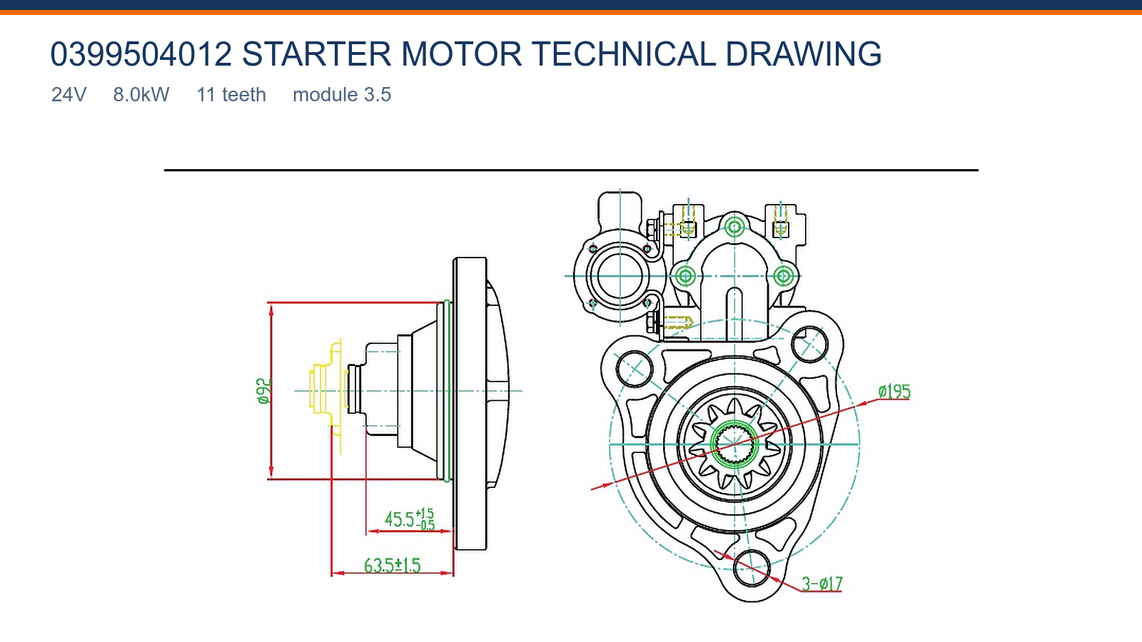 0399504012 Shangchai startmotor teknisk tegning 24V 8.0kW 11T