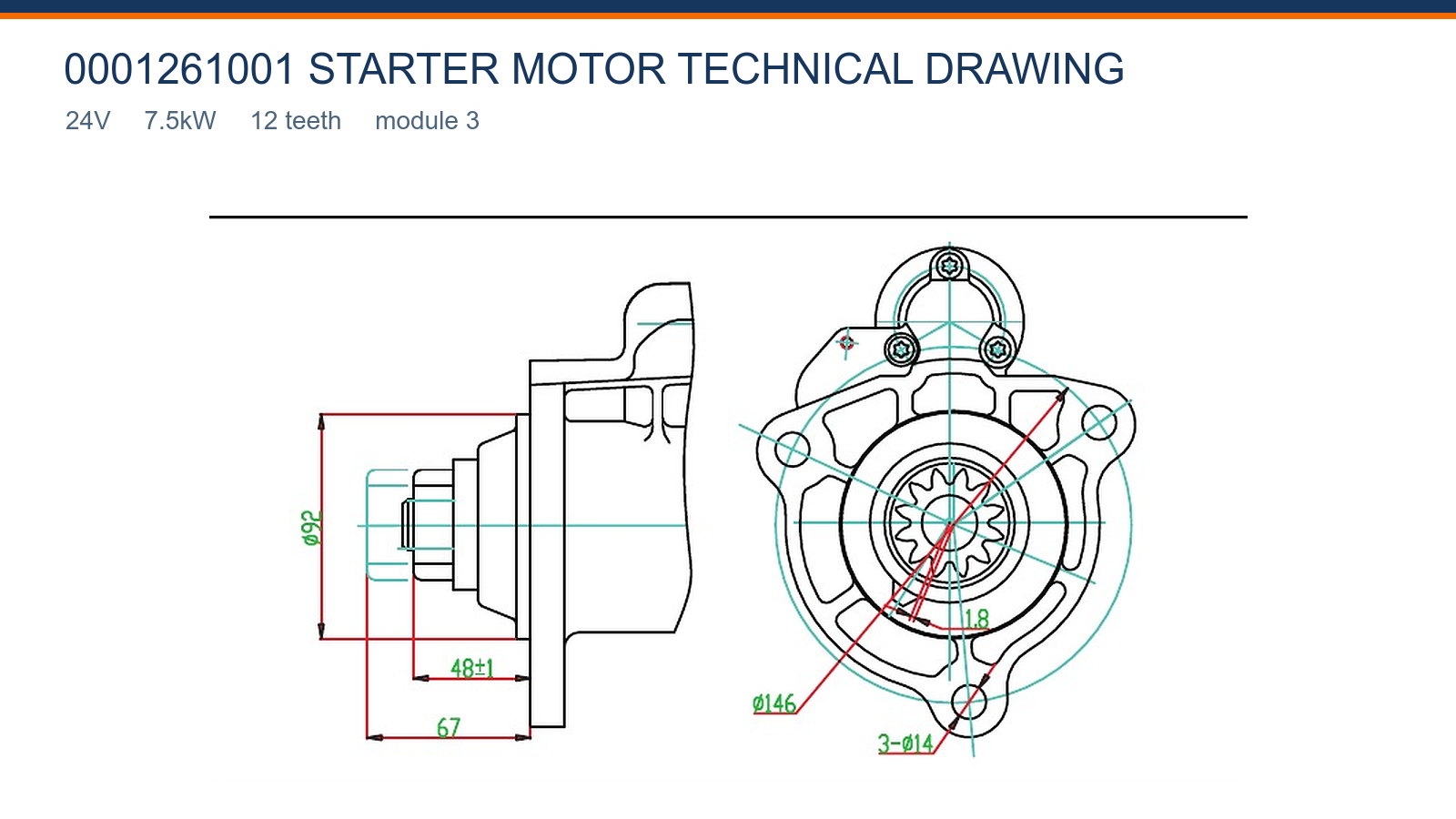 0001261001 Scania การเขียนแบบทางเทคนิคมอเตอร์สตาร์ท 24V 7.5kW 12T