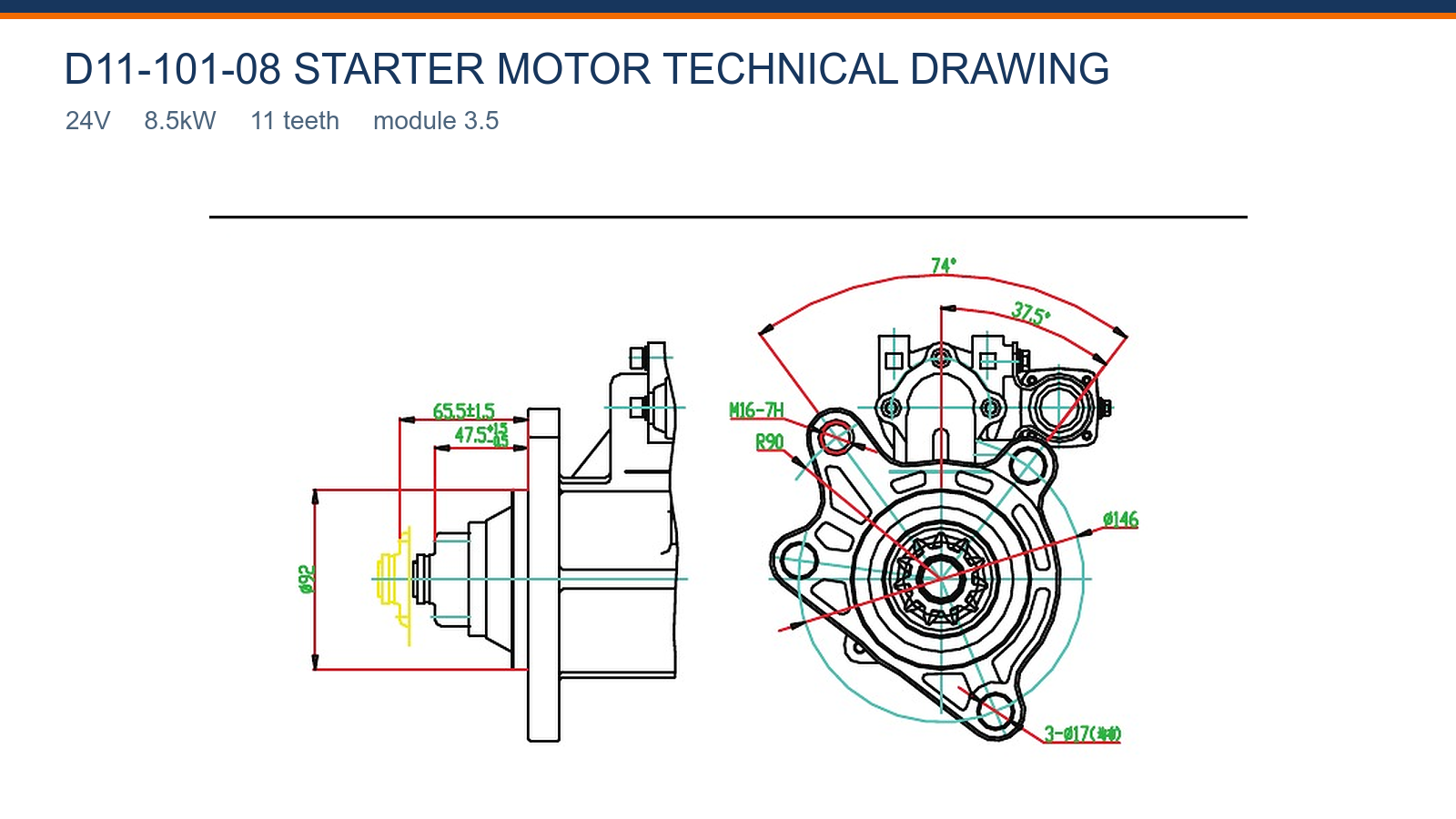 D11-101-08 Shanghai Dieselstartmotor teknisk ritning 24V 8,5kW 11T
