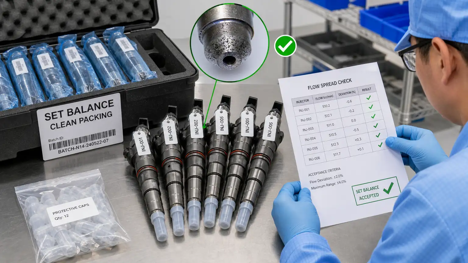 &Eacute;quilibre du jeu d'injecteurs correspondant, capuchons de protection propres, &eacute;tiquettes de s&eacute;rie et documentation de r&eacute;ception