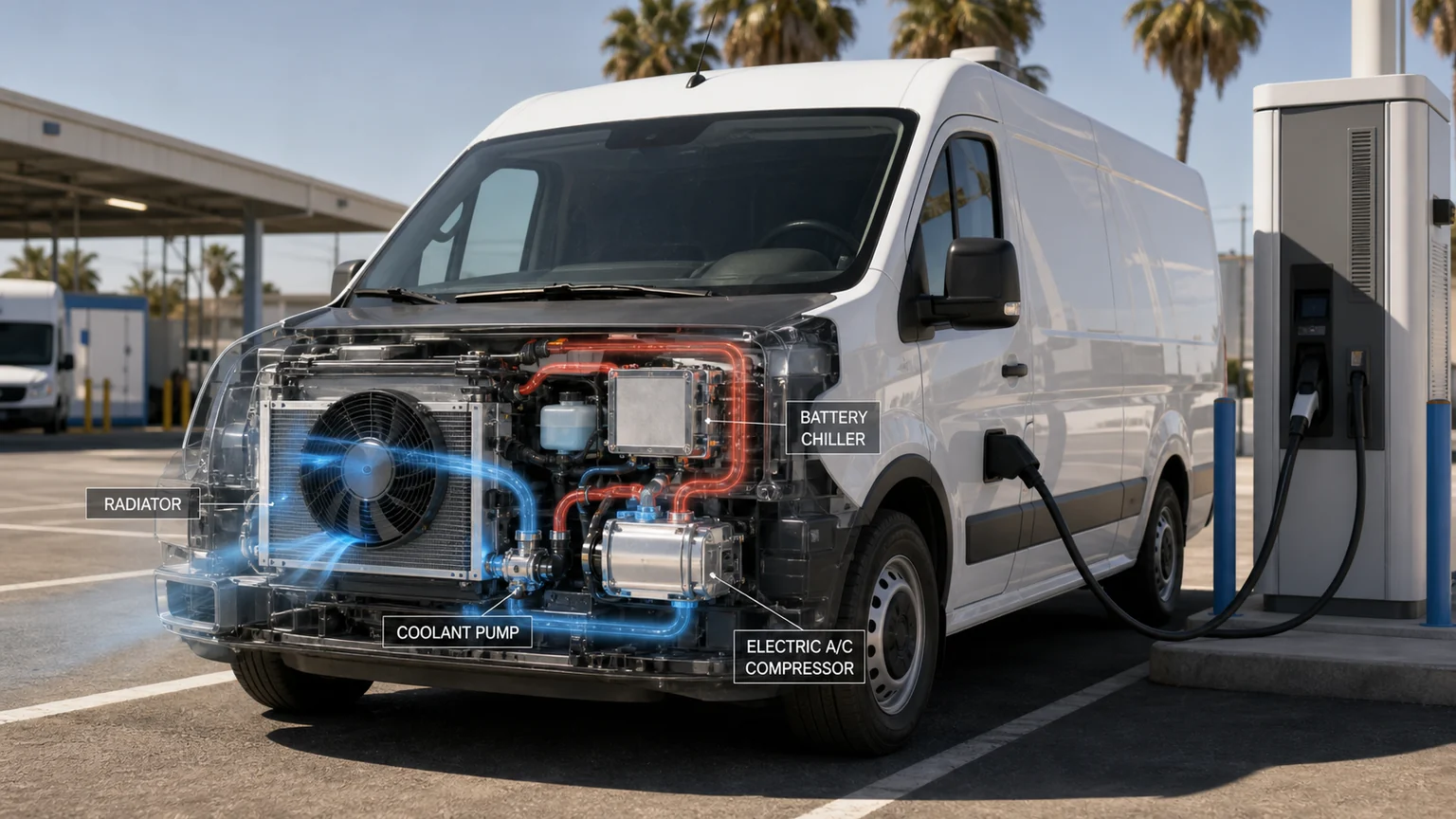 Snelladend thermisch systeem voor elektrische voertuigen met batterijkoeler, pomp, compressor en radiator