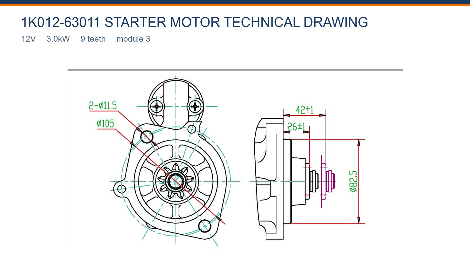 1K012-63011 Kubota start&eacute;r technick&yacute; v&yacute;kres 12V 3.0 kW 9T