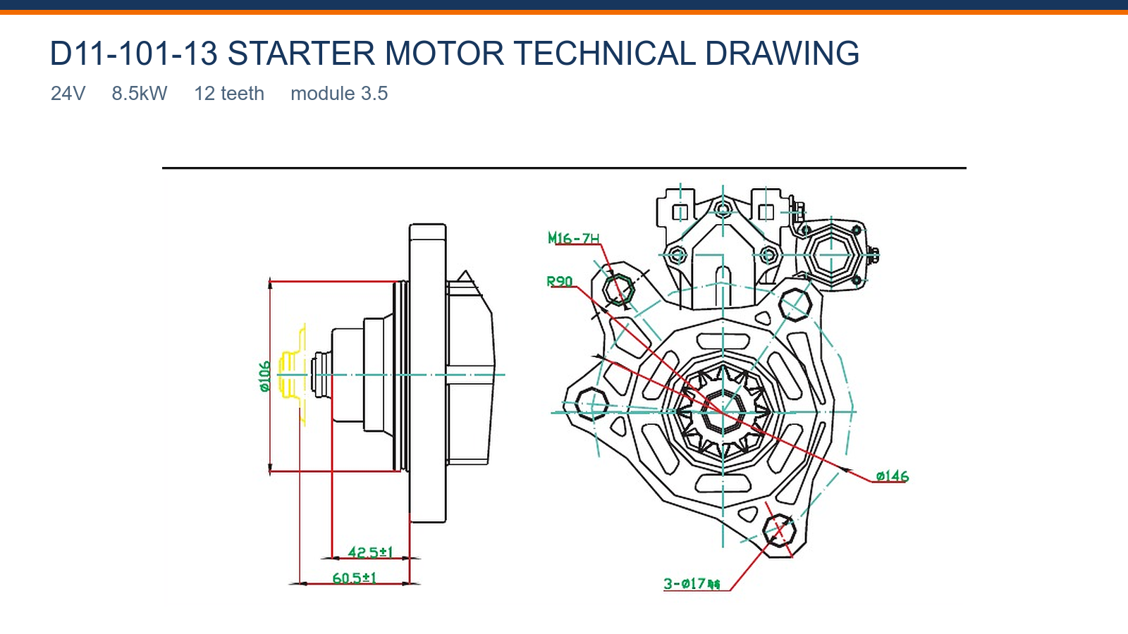 Desenho t&eacute;cnico do motor de partida D11-101-13 Shangchai 24V 8,5kW 12T