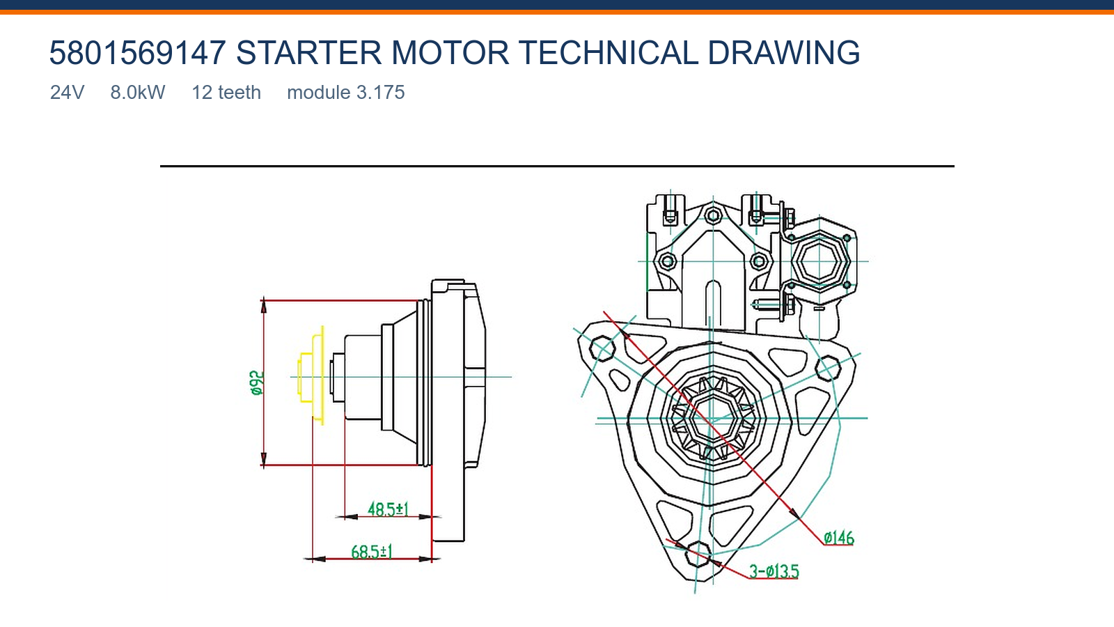 5801569147 Gambar teknis motor starter Shangqi 24V 8.0kW 12T