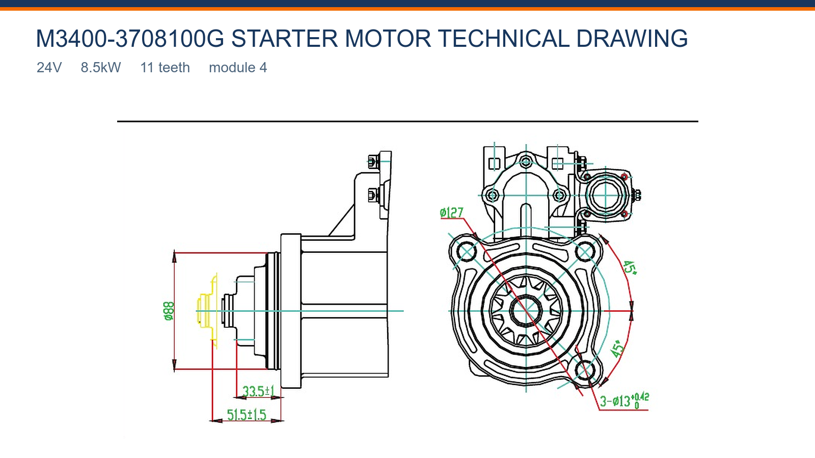 M3400-3708100G Yuchai ind&iacute;t&oacute;motor műszaki rajz 24V 8,5kW 11T