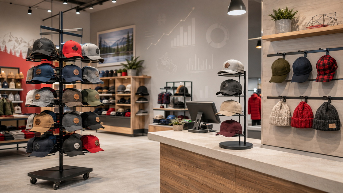 Retailoverzicht van Canadese hoedendisplays