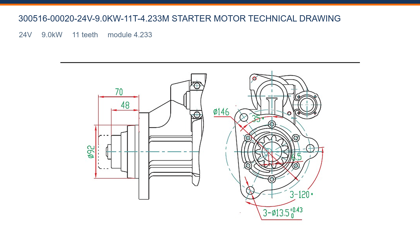 300516-00020- 24V -9.0KW-11T-4.233M Disegno tecnico motorino di avviamento Daewoo 24V 9.0 kW 11T