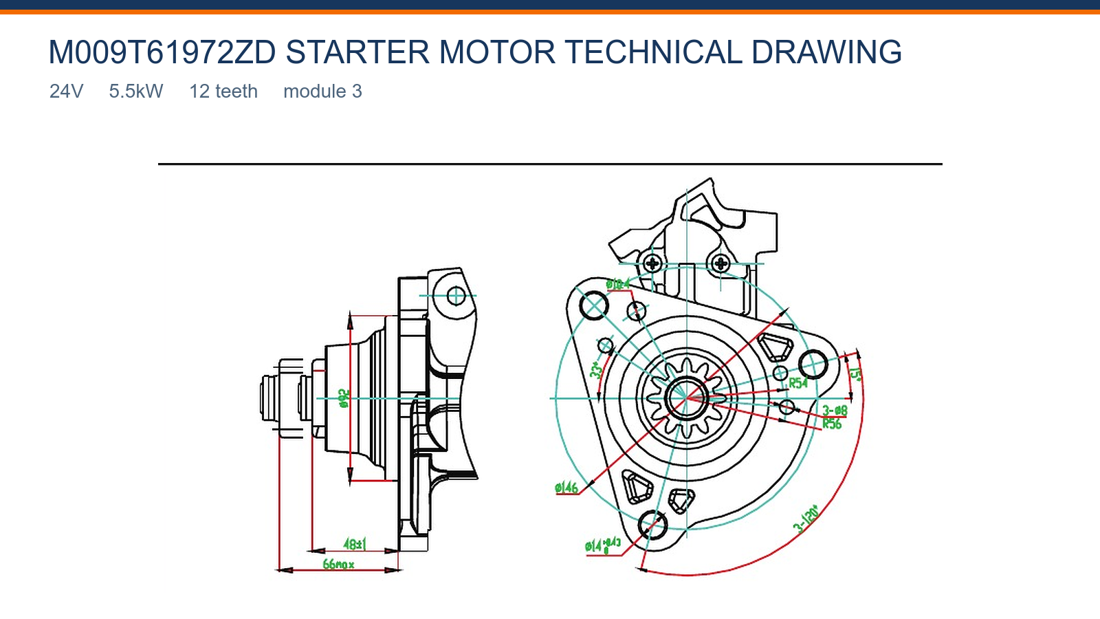 M009T61972ZD HOWO gambar teknis motor starter 24V 5.5kW 12T