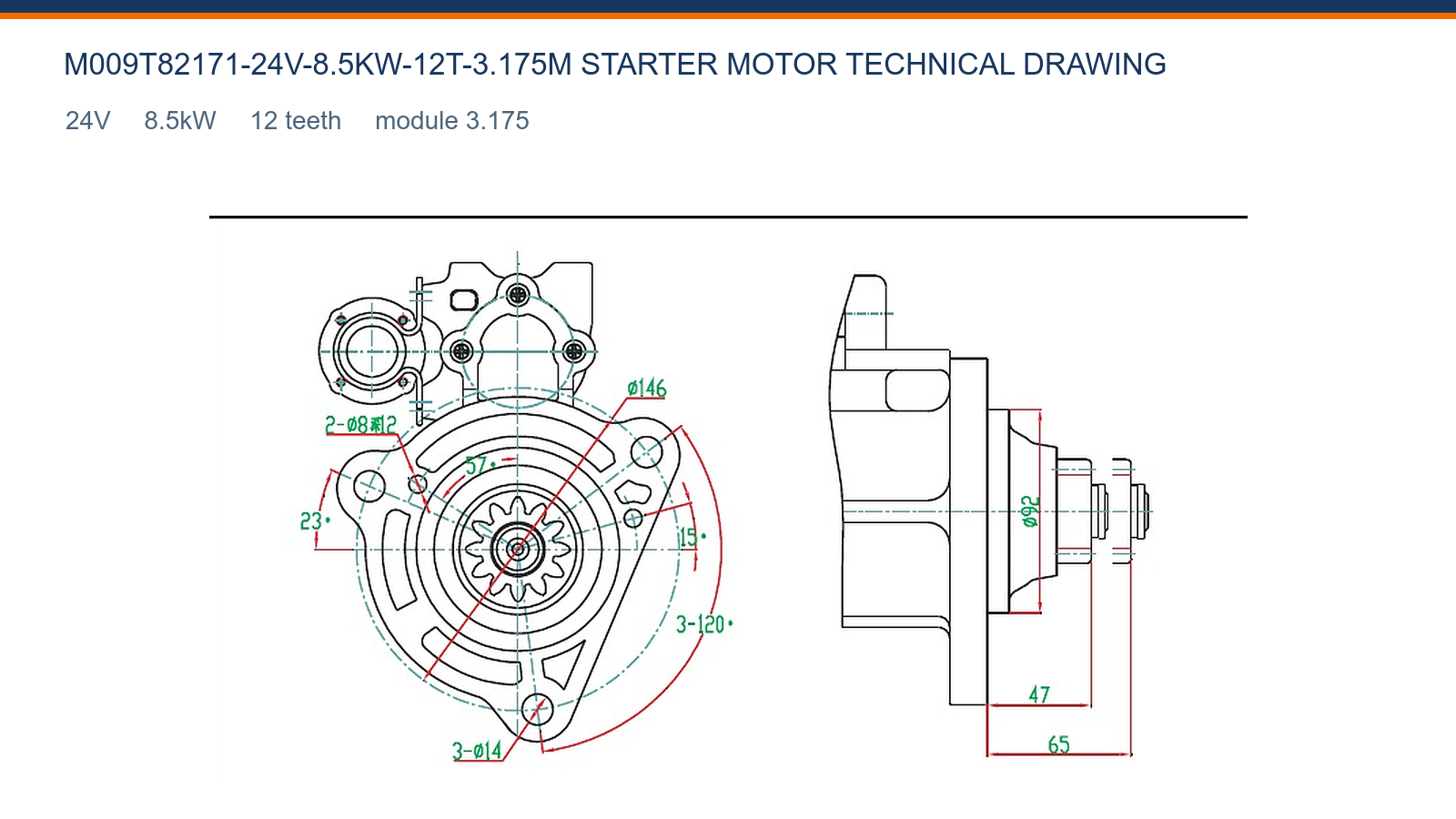 M009T82171-24V-8.5KW-12T-3.175M Disegno tecnico motorino avviamento Volvo 24V 8.5kW 12T