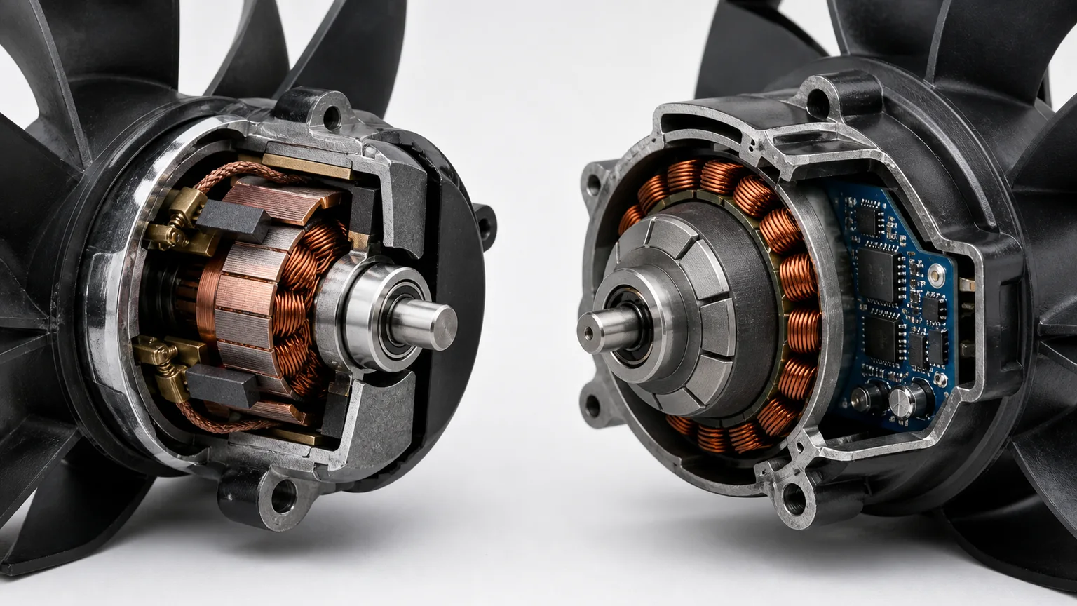 Srovn&aacute;n&iacute; řezu kart&aacute;čovan&eacute;ho motoru ventil&aacute;toru chladiče s komut&aacute;torem a kart&aacute;či a bezkomut&aacute;torov&eacute;ho motoru ventil&aacute;toru s rotorem statoru a integrovan&yacute;m regul&aacute;torem