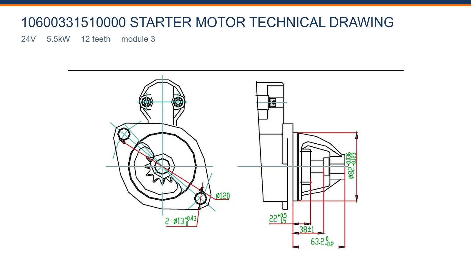 10600331510000 محرك بدء التشغيل Changfa الرسم الفني 24V 5.5kW 12T