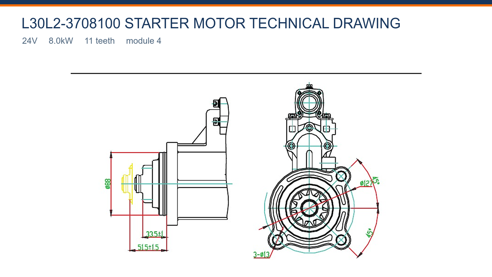 L30L2-3708100 Desenho t&eacute;cnico do motor de partida Yuchai 24V 8,0 kW 11T