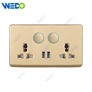 S1 Series Double 13A MF Switched Socket with LED Light Ring+2USB 250V Light Electric Wall Switch Socket 86*146cm PC Material with Chrome Frame Home Switches