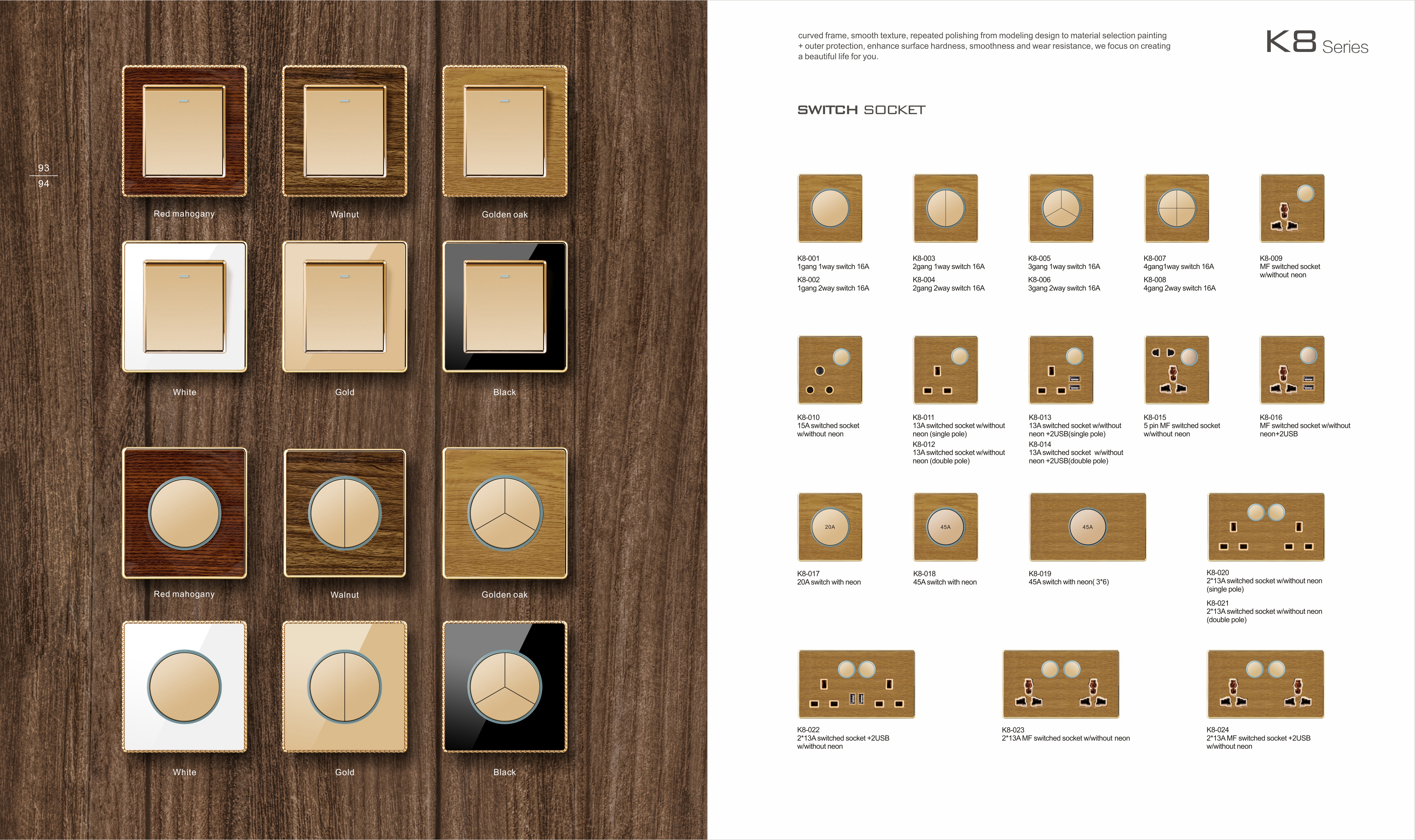 K8 Series Acrylic Wooden 4G 16A 250V Light Electric Wall Switch Socket 86*86cm PC Material with Chrome Frame Home Switches Twist Pattern