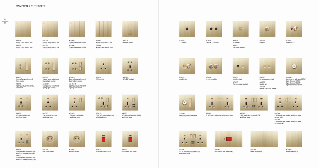 ULTRA THIN A3 Series 45A Socket Different Color Different Style Fashion Design Wall Switch 